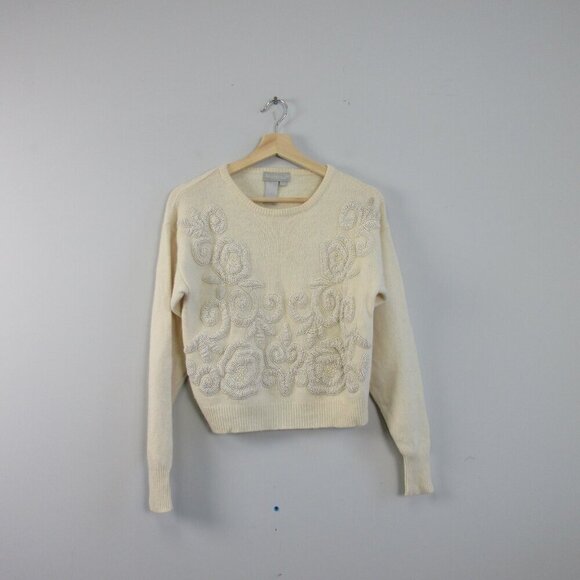 Linda B Collection Women's Sweater S Ivory Lambswool Angora Beads Vtg Luxury 332 - Picture 1 of 15